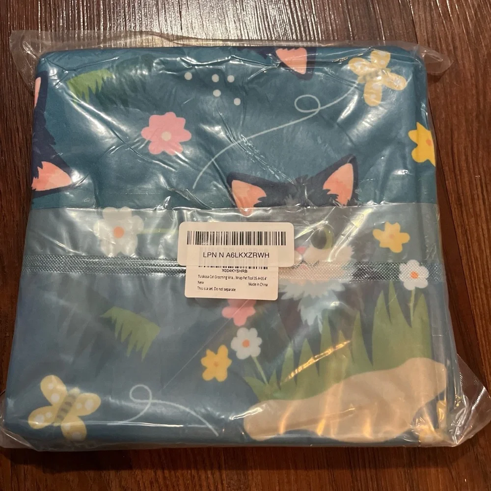 Pet Grooming Swaddle Blanket for Cats - Teal Cat Pattern XL